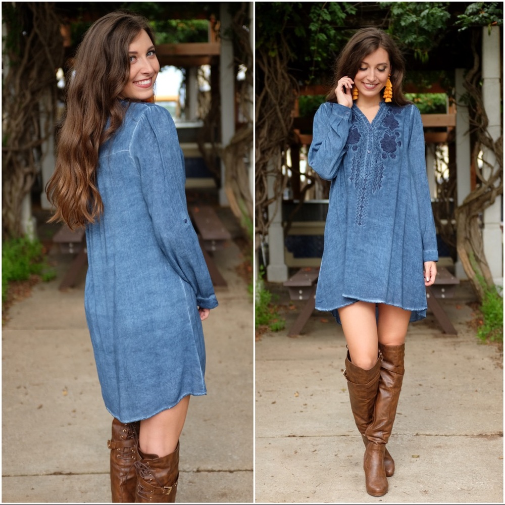 ✨LAST ONE✨Denim Blue Embroidered Tunic Dress - Picture 3 of 4